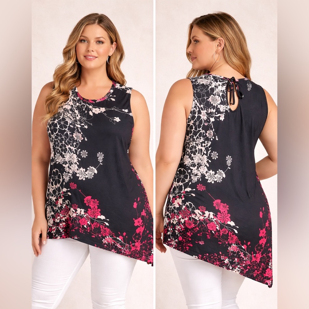 Lily Floral Sleeveless Tunic Top Pink White 2X